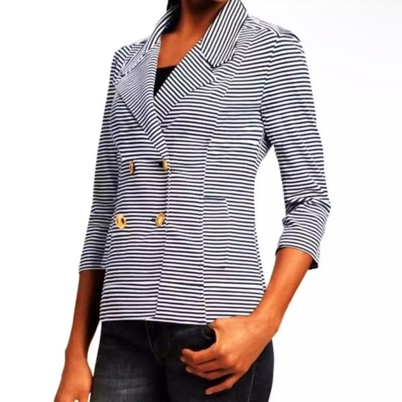 CABI Navy Blue White Stripe Nautical Ponte 3/4 Sleeve Blazer Jacket Size S - Picture 1 of 5